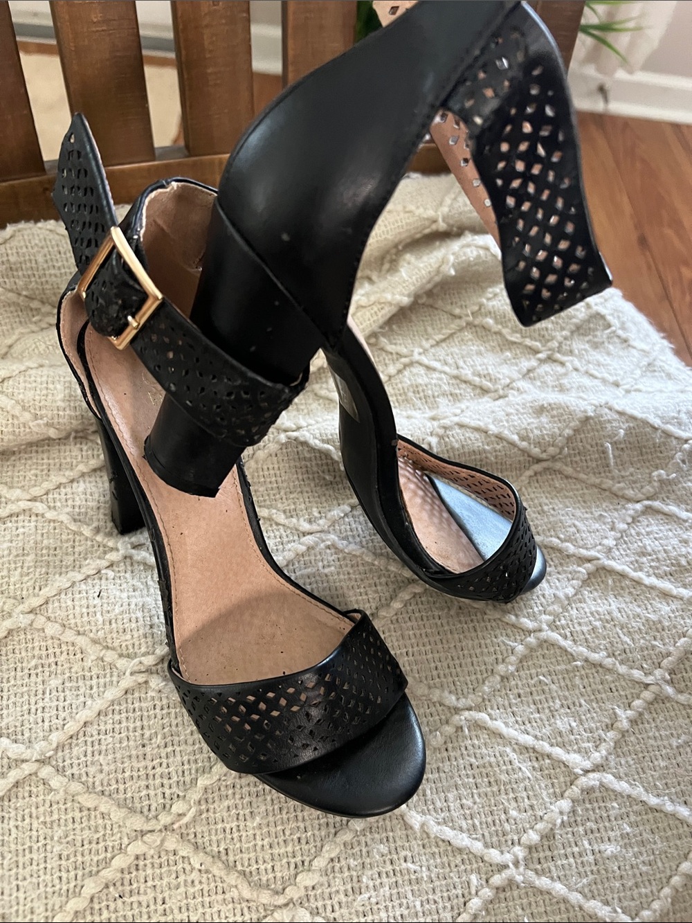 Cato Black Perforated Ankle-Strap High Heels